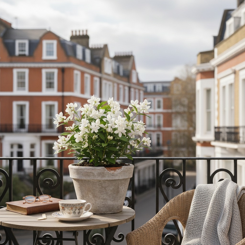 something that aligns well with teh current pictures - pperhaps jasmine in a pot on a balcony? somethign that any professional in london could hvave but reminiscent of beautfiul feeling at  home, exactly as you did with the lavender which is so beautiful...