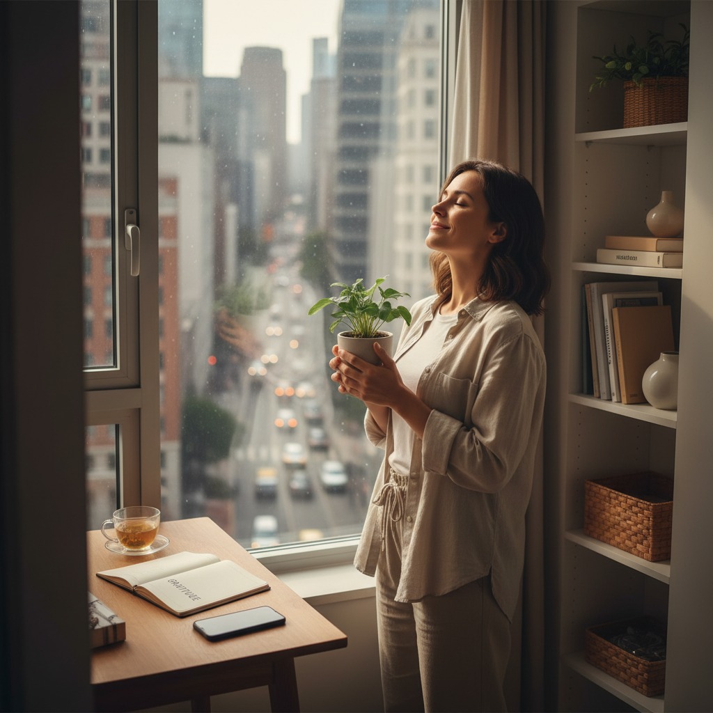 can you change the picture to reflect exactly the description, how someone in a busy lifestyle finds wellbeing with simple living,