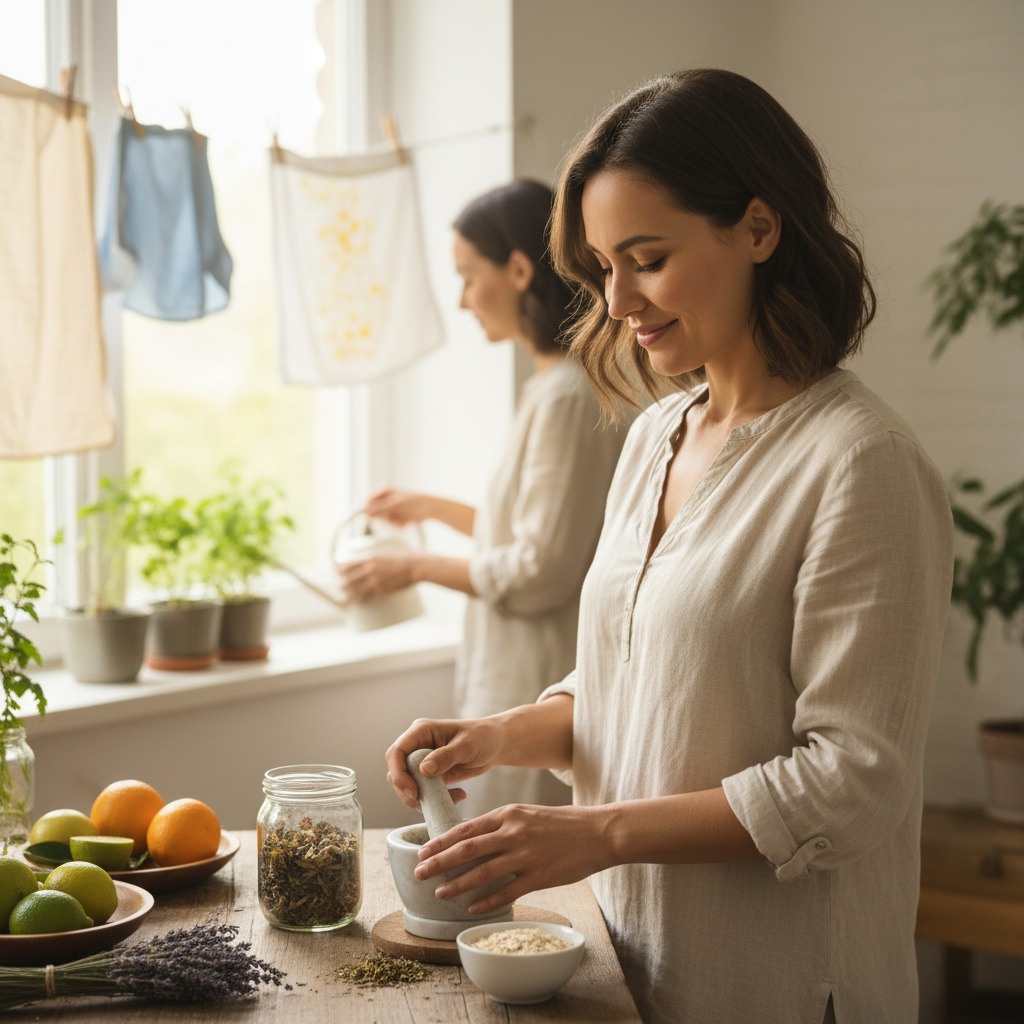 can you generate a picture that reflects this title and description; Enhancing Daily Life with Natural Solutions - can you make it relatable that anyone feels they could do and no title on the picture , not of a family but a lovely lady or something like that