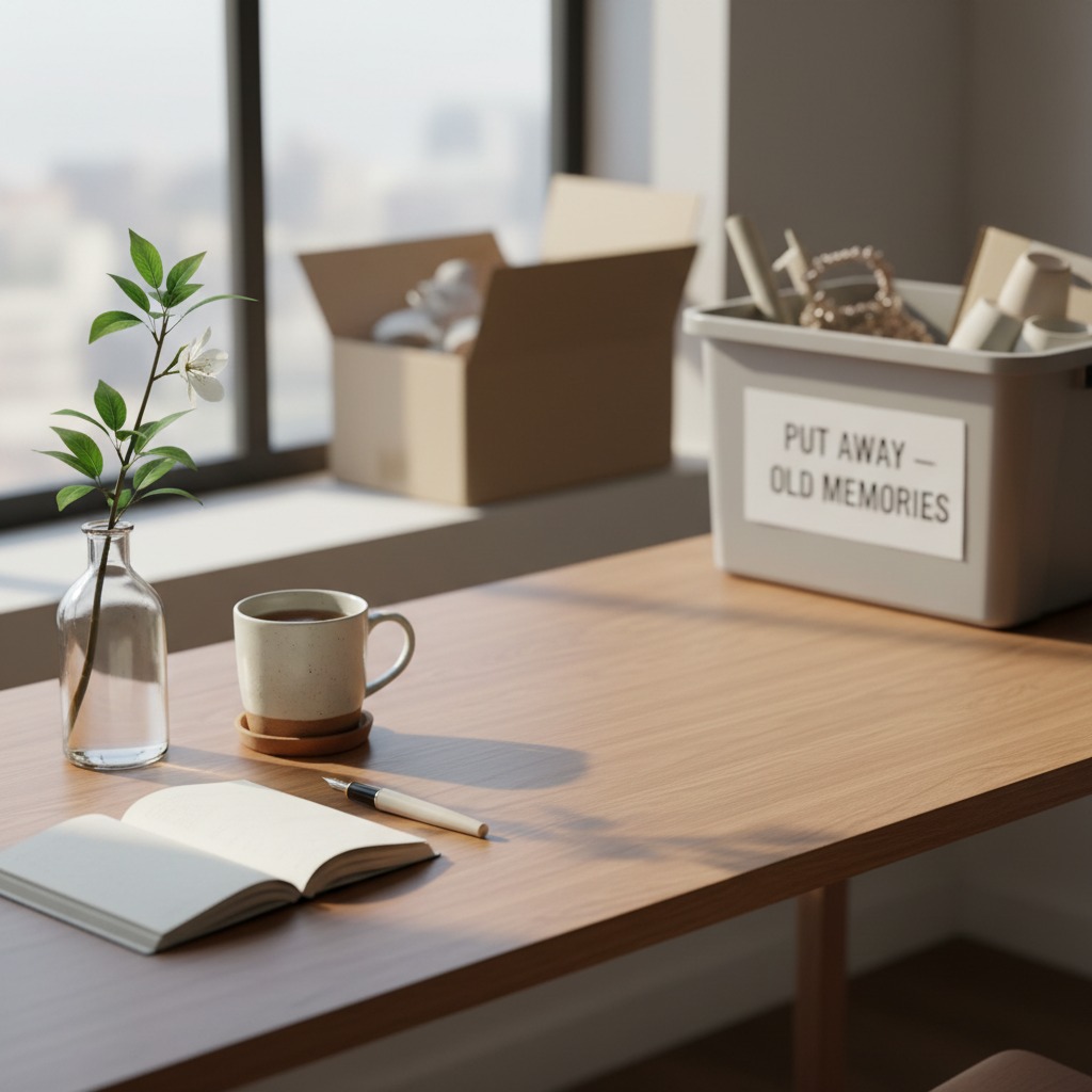 A wooden desk holds an open notebook, a pen, a coffee mug, and a small vase with a flower next to a storage bin labeled "Put away - old memories."