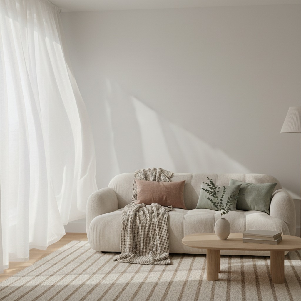 A beige sofa with throw pillows and a blanket sits in a sunlit room next to a wooden coffee table and sheer white curtains.