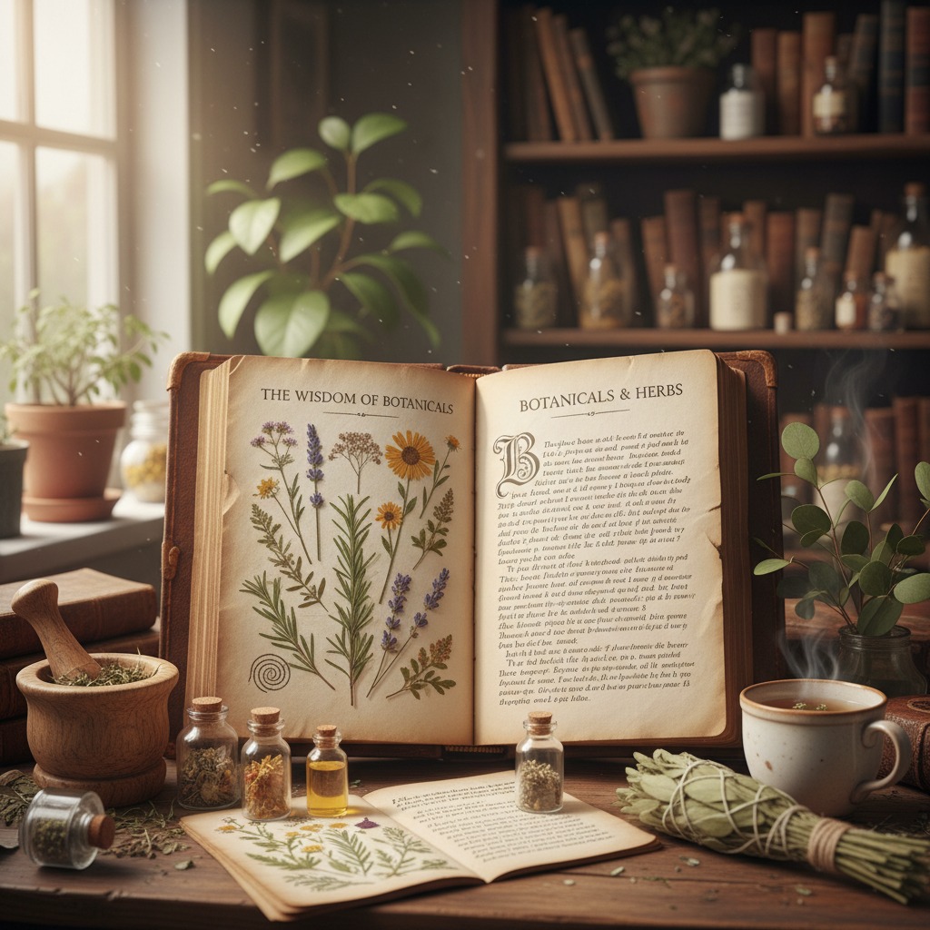 An open book titled The Wisdom of Botanicals rests on a wooden table surrounded by glass apothecary jars, a mortar and pestle, and a steaming cup of tea.