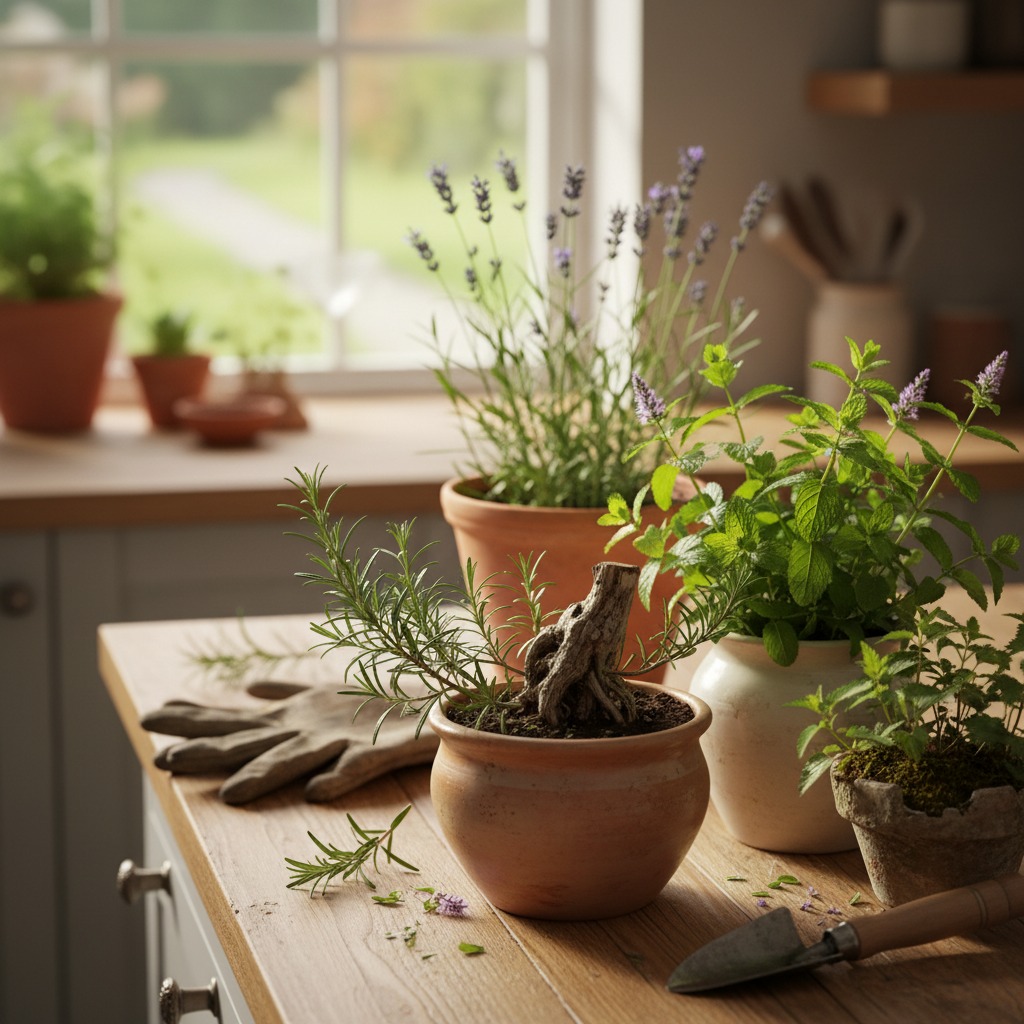 Potted herbs, including lavender and rosemary, sit on a wooden kitchen counter next to gardening gloves and a small trowel.